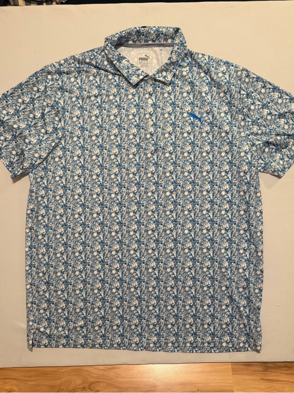 Puma Golf Polo Shirt Men’s 2XL Blue Floral Print Performance Short Sleeve Casual